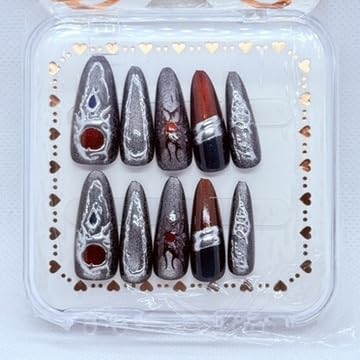 Premium Press On Nails Set – Long & Glossy False Nails with Gold, Silver & Black Details – Reusable, Salon Quality - 6 different sets (Black & Silver)