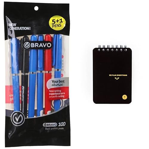 Bravo Stationery Bundle: 100 Ballpoint Pen 6-Pack + YM Sketch Designer Notebook A7 Lined