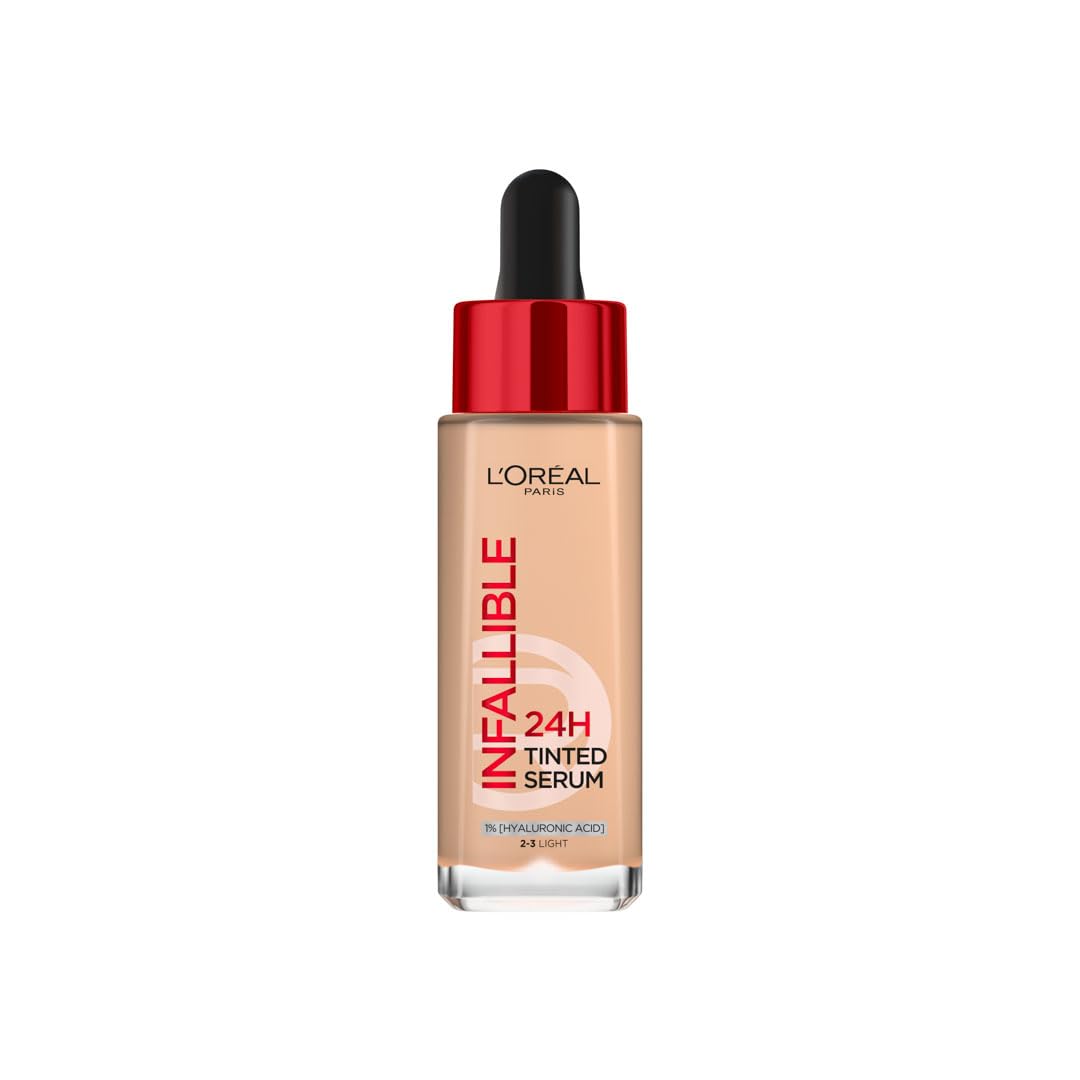 L’Oréal Paris Infallible 24H Tinted Serum Foundation with 1% Hyaluronic Acid, with 1% Hyaluronic Acid for Radiant Hydrated Skin, Light to Medium Coverage, 24H Longwear, Transfer-proof 30ml, Light 2-3