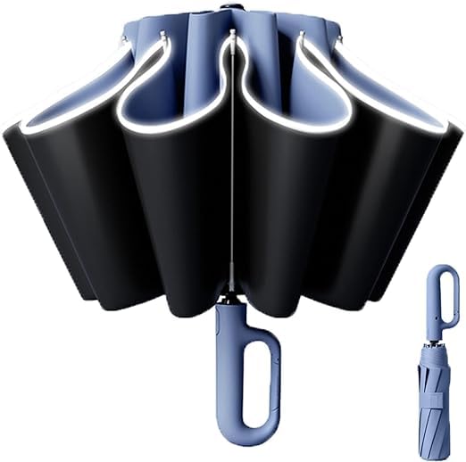 Ring Buckle Umbrella, Reflective Safety Strip, Sturdy Windproof, Portable Reverse Folding Umbrella, Ring Buckle Fully Automatic Umbrella, Travel Portable, Compact Folding Travel Umbrella, Blue