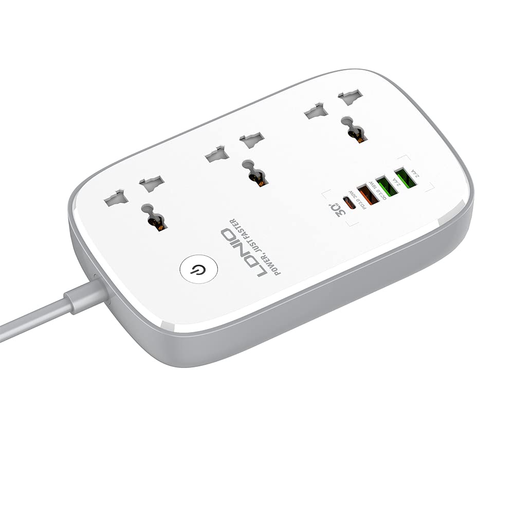 LDNIO SCW3451 WIFI Smart Power Strip with 3 Universal AC Ports 1 PD, 1 QC3.0 and 2 Auto ID Ports - White and Grey