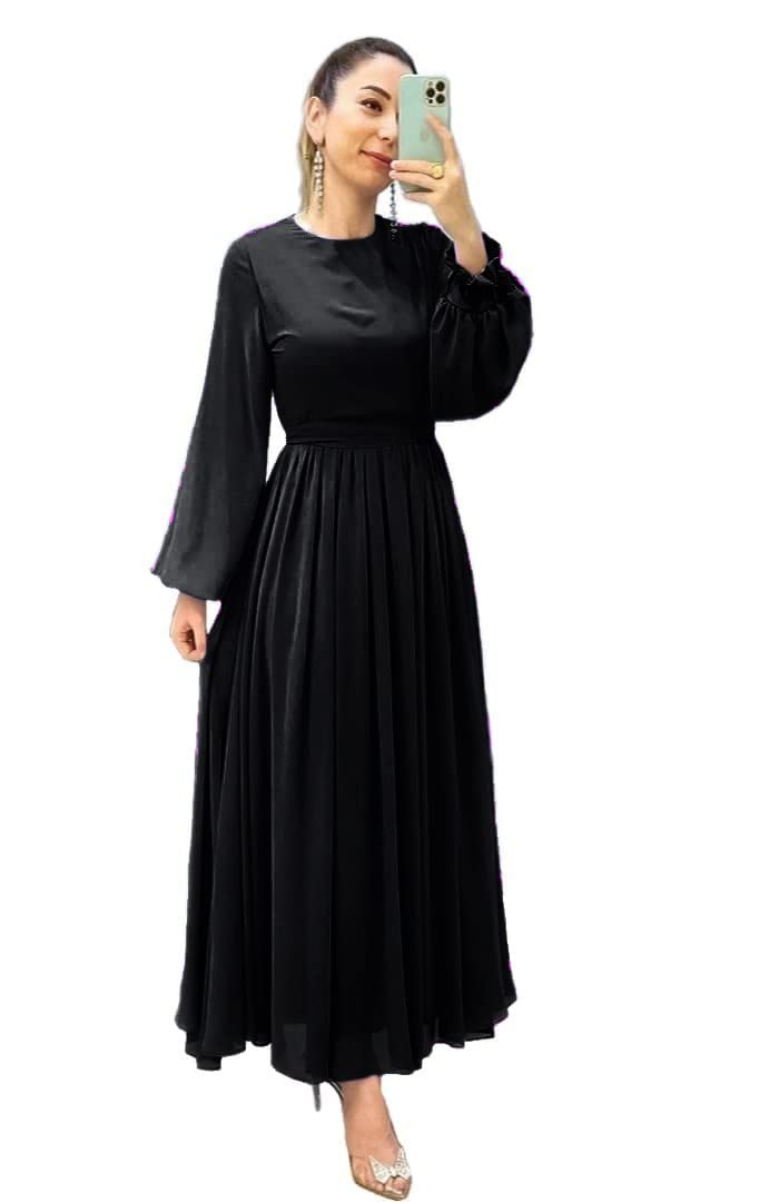 Chiffon Long Dress with Lining, Black, Puff Sleeve, Maxi