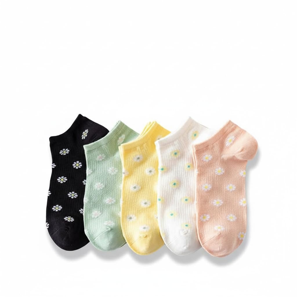 Premium Egyptian Cotton (Pack of 5) Women's Cotton Ankle Socks, Floral Daisy Pattern, Multicolour, Casual Everyday Wear