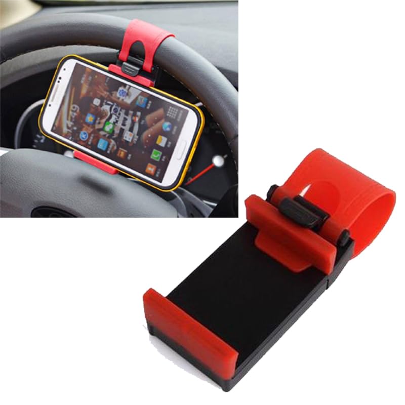 Car Steering Wheel Clip Phone Holder for All Cars - Flexible Hands-Free Design for Mobile Phones (Red) - KaberMisr