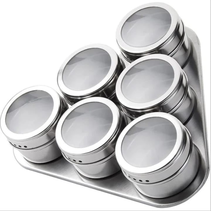 Stainless Steel Magnetic Spice Rack, 6 Canisters with Triangle Base and Clear Top