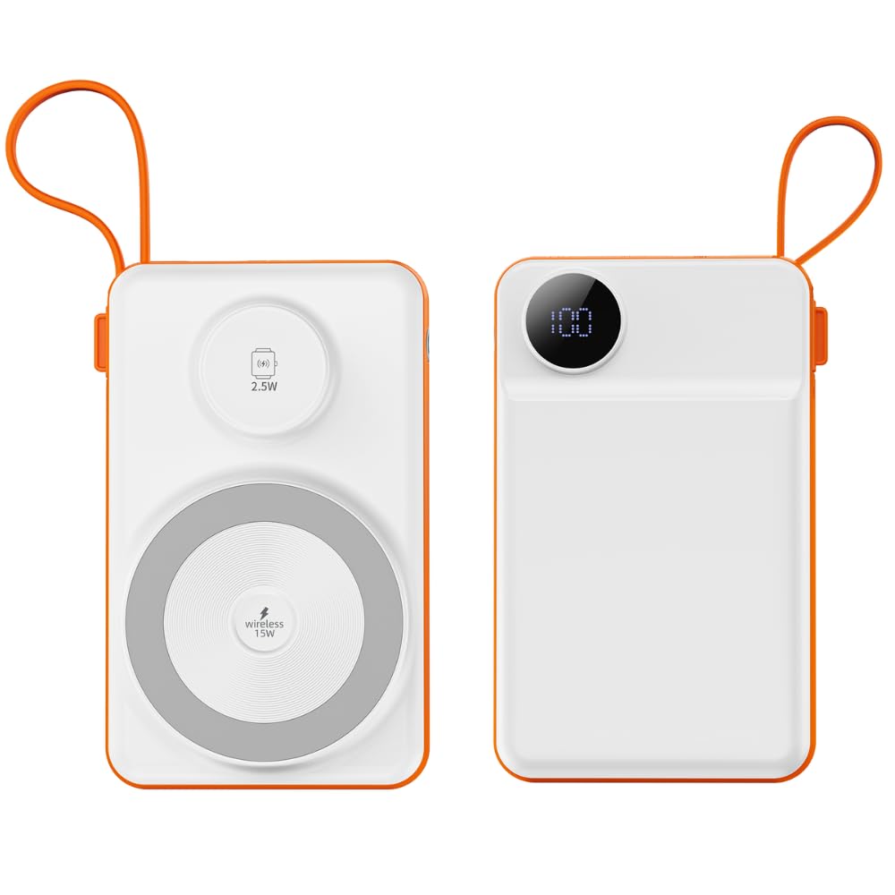 WIWU Wi-P007 10000mAh Power Bank 22.5W 2-in-1 Magnetic Wireless Power Bank with Built-in Cables USB-C, Lightning,LED Screen,Wireless Charging 15W, 2.5W for Watches - White Orange |18 Months Warranty