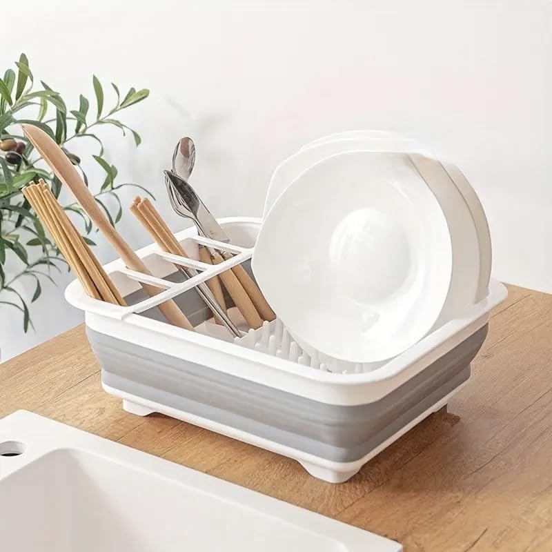 Downtown Collapsible Silicone and Plastic Draining Dish Rack, Foldable Tableware Drying and Storage Tray, Space-Saving Portable Dish Drainer for Small Kitchens, RVs and Camping