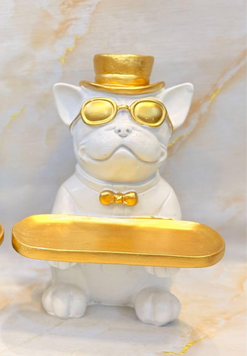 Ankh-Home-Supplies Decorative French Bulldog Jewelry Tray Holder, Black and Gold, Resin, Top Hat and Sunglasses Design. (White)