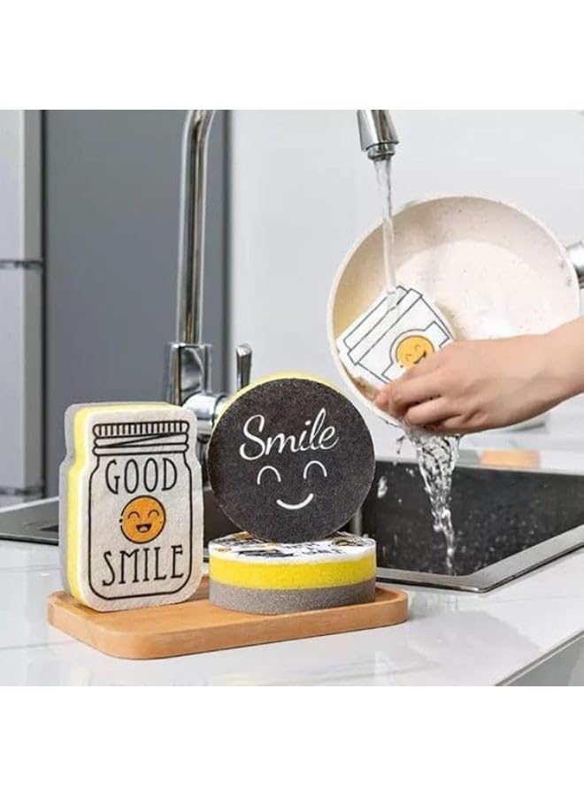 Kitchen Scrub Sponges Non-Scratch Multi-Use - Heavy Duty Scrub Sponge for Dishes Pots and Pans - Three-Layer Cleaning Sponge (Pack Of 4 Smiley Face)