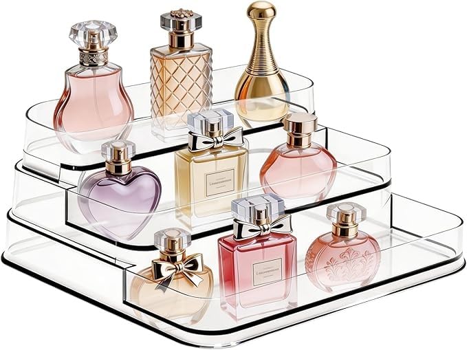 Perfume Organizer - 1 Pack Three-Tiered Shelf - Perfume Lotion Skincare Stand, Spice Vitamins Medicine Bottles Holder,Sturdy Clear Rack for Kitchen Bathroom Countertop Cabinet Storage