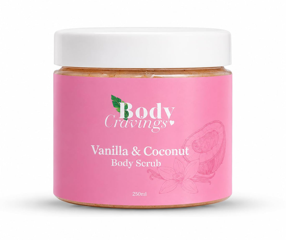 Body Cravings Vanilla Coconut Body Scrub | 250ml | Raw Sugar Exfoliating Body Scrub | Nourishes & Softens Skin | Vanilla & Coconut Scent