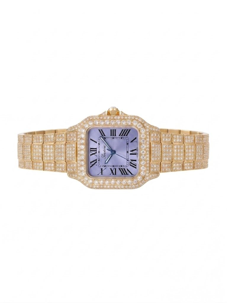 Luxury Diamond Wrist Watch Blue Dial Roman Numerals Gold Tone Bracelet for Men Women