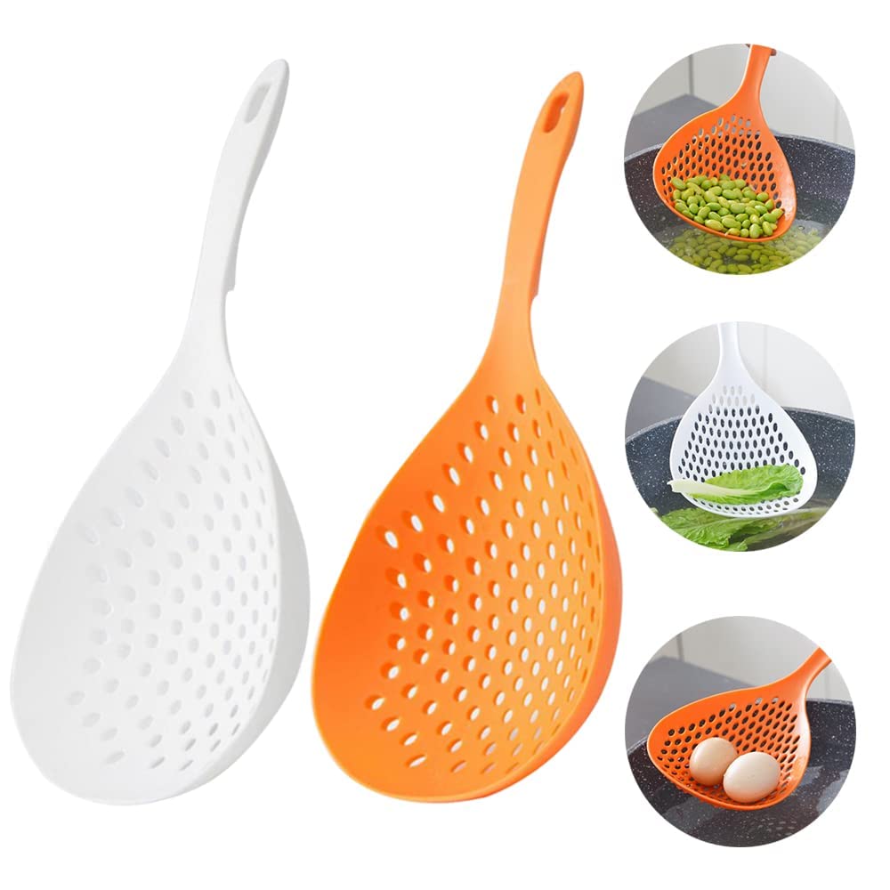 NALACAL 2 Pieces Large Scoop Colander Strainer, Skimmer Slotted Spoon Scoop Thermoplastic Colander Strainer Shovel, Cooking Utensils for Kitchen Cooking Baking Heat Resistant, White and Orange