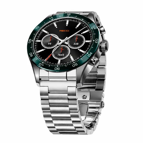 Recci RA43 Smartwatch, 1.32 Inch AMOLED Display, 24-Hour Heart Rate and Oxygen Monitoring, Stainless Steel, 350mAh Battery, IP67 Water Resistant, Silver