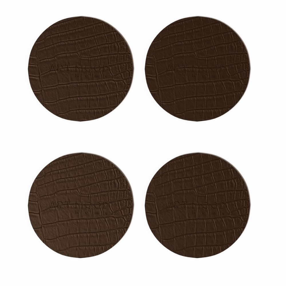 ART MOOD HOME Circle Leather Coaster Set - Premium Faux Leather Coasters with Stylish Touch, Heat-Resistant and Scratch-Proof - Perfect for Coffee Tables, Dining, and Home Decor, Set of 4 - Brown