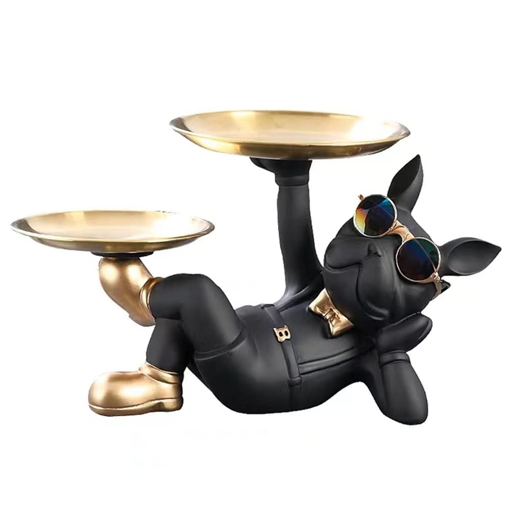 Cool Resin Dog Statue Black 2 Metal Trays with Cute Glasses French Bulldog Figurine Sculptures Home Decor Gift (Black Lying Dog)