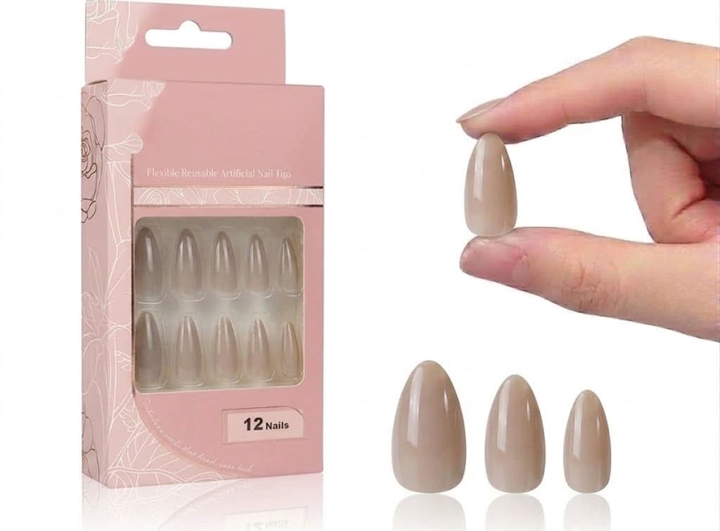 12 pc Press on Nails Medium Fake Nail Tips Nude Acrylic Nails Press ons Nail Almond Short Stiletto False Nail French Artificial with one sheet double face -08
