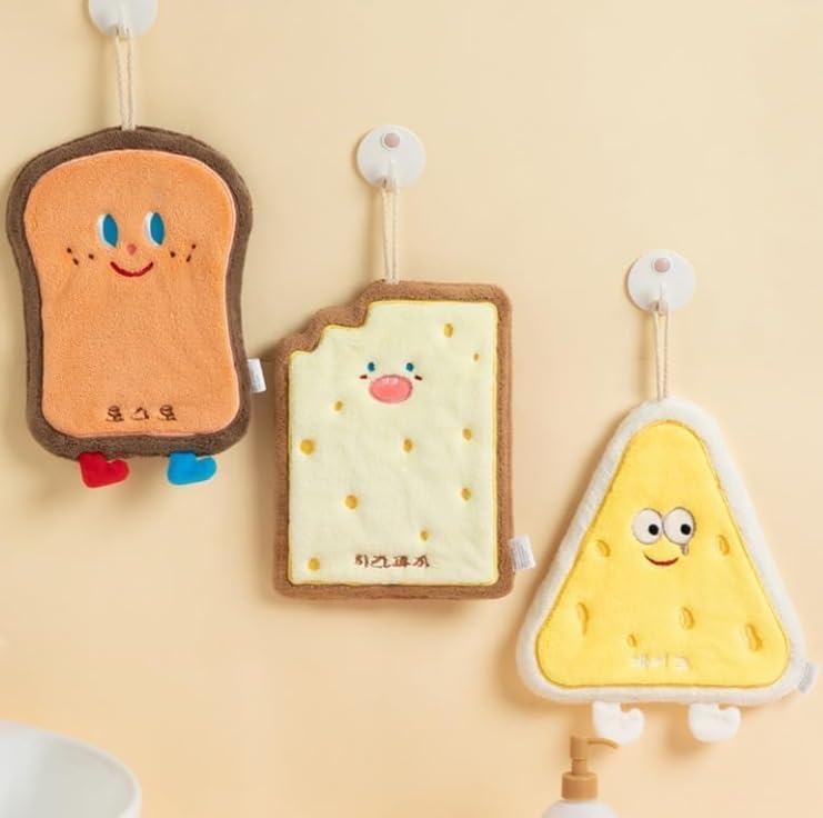 Cute Cartoon Kitchen Bathroom Hand Towels Set - Soft Super Absorbent Quick Dry Towels with Hanging Loop - Plush Cleaning Towels for Kids and Home - Toast, Cheese, Biscuits.