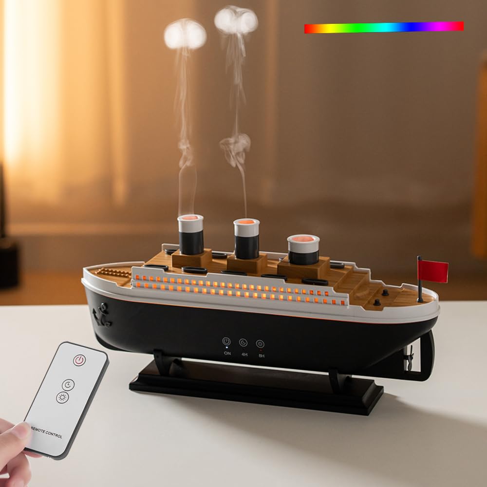 Essential Oil Diffuser, 250ml Ship Modelling Diffuser, Aromatherapy Ship Oil Diffuser Cool Mist Humidifier with Remote 2 Spray Mode Auto Shut-Off for Home Office