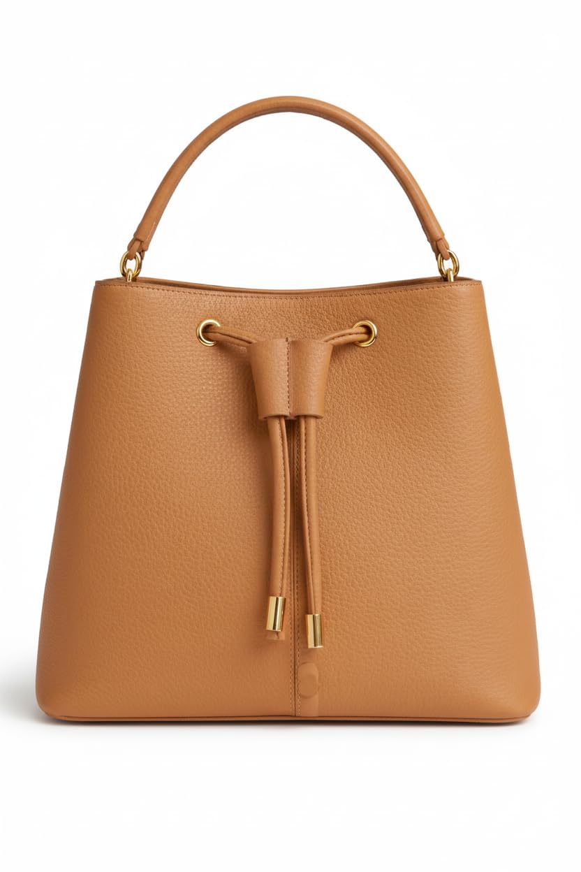 Elegant camel-colored faux leather handbag for women – featuring a top drawstring closure and a stylish top handle.
