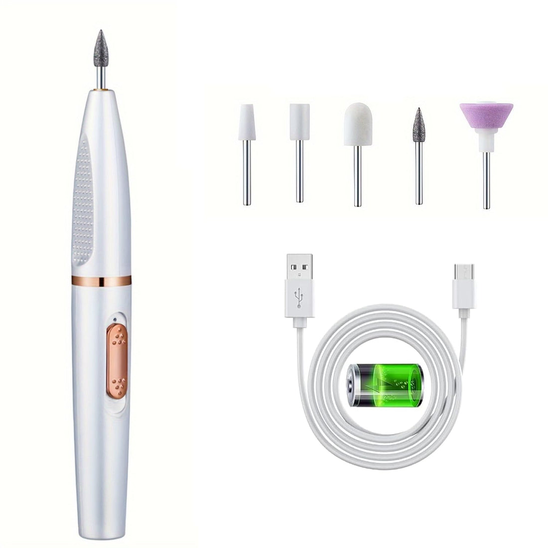 Plan A Portable Rechargeable Electric Nail File, Designed for Acrylic Nail Care, All-in-one Manicure and Pedicure Set for Shaping, Polishing, Nail Art Safe and Gentle (White)