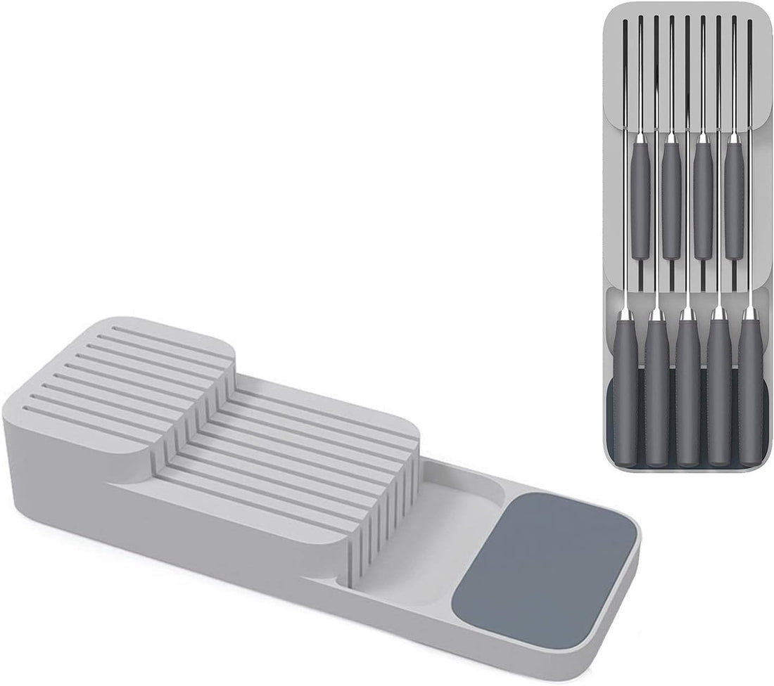 Modern Kitchen Knife Storage Organizer Block, 2 Tier Cutlery Holder Stand PP Plastic, Non Slip Space Saving Knife Rack for Drawer & Countertop, Holds Multiple Knife Sizes