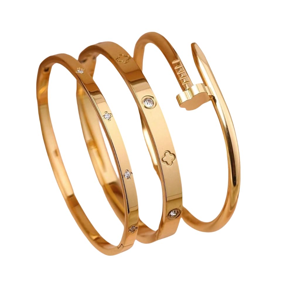 3pcs 18k gold plated stainless steel four leaf clover bracelets for party and daily wear inlaid cubic zirconia suitable for gifts for girls women friends weddings birthdays Valentine's Day (3-pieces)