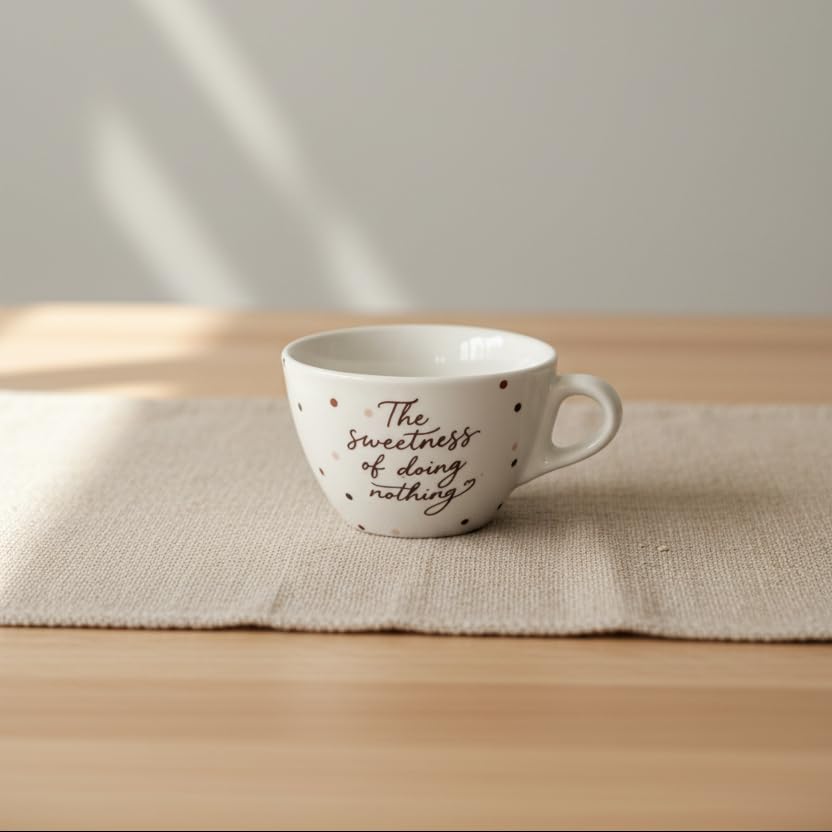 Words Co. “The Sweetness of Doing Nothing” Ceramic Mug – 300ml Elegant Handwritten Coffee Cup – Minimalist Polka Dot Design for Slow Mornings & Self-Care
