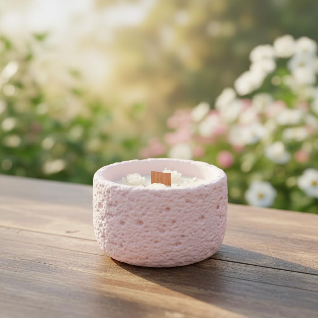 Aromatherapy Scented Candle in Textured Stone-Look Vessel, Natural Soy Wax, Long Lasting, Stress Relief, Home Decor Gift (Pink, Small)