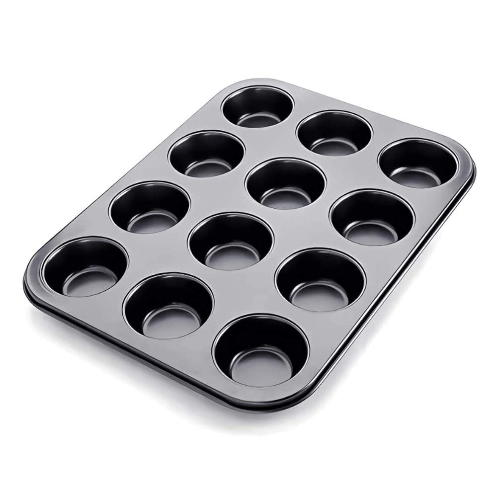 Non-Stick Carbon Steel Muffin Pans - Pair of Cupcake Cookie Sheet Pan Style for Baking, Muffin Pans w/ 12 Cups Cupcake Baking Tray (Black)