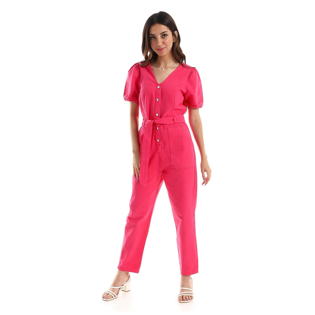 Women's Pink Jumpsuit with Puff Sleeves, V-Neck Button Front, Belted Waist, Ankle Length-9874