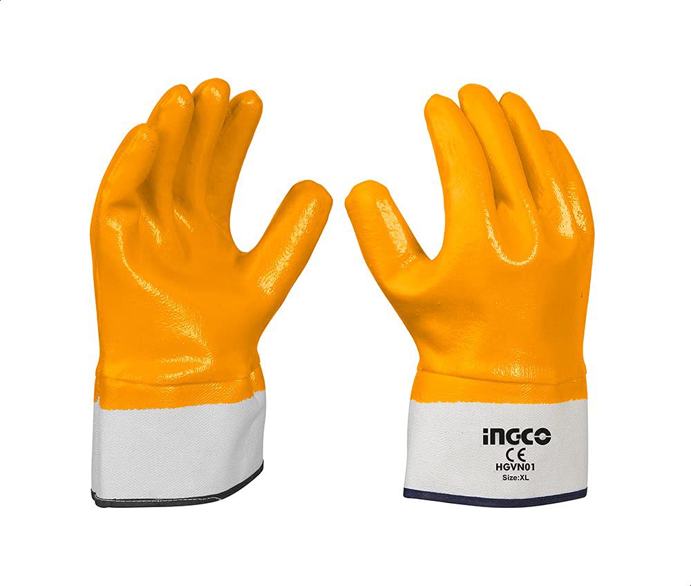 Ingco hgvn01 heavy nitrile fully coated gloves - orange and white, One Size
