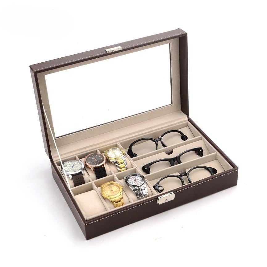 Next Store Luxury 6 Slots Watch and Glasses Storage Box, Stylish Display Organizer for Men Made with High Quality Materials for Protection and Perfect Organization (Brown)