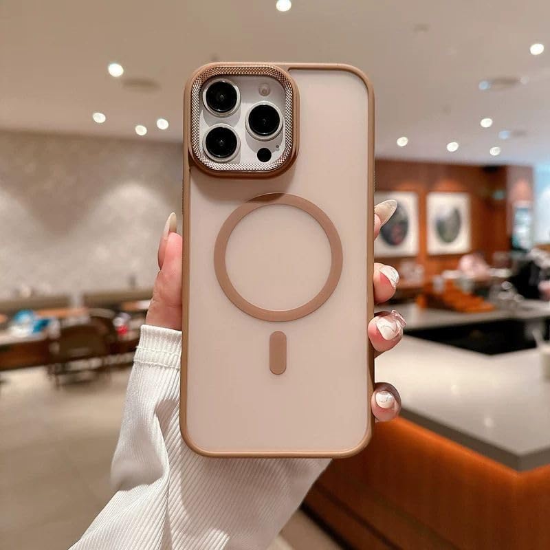 Eco Case Silicon Luxury Metal Lens Camera Protection Meg*Safe Phone Case for iPhone 15 Pro Max Wireless Charging Cover - Clear Back Slim (Desert Titanium)