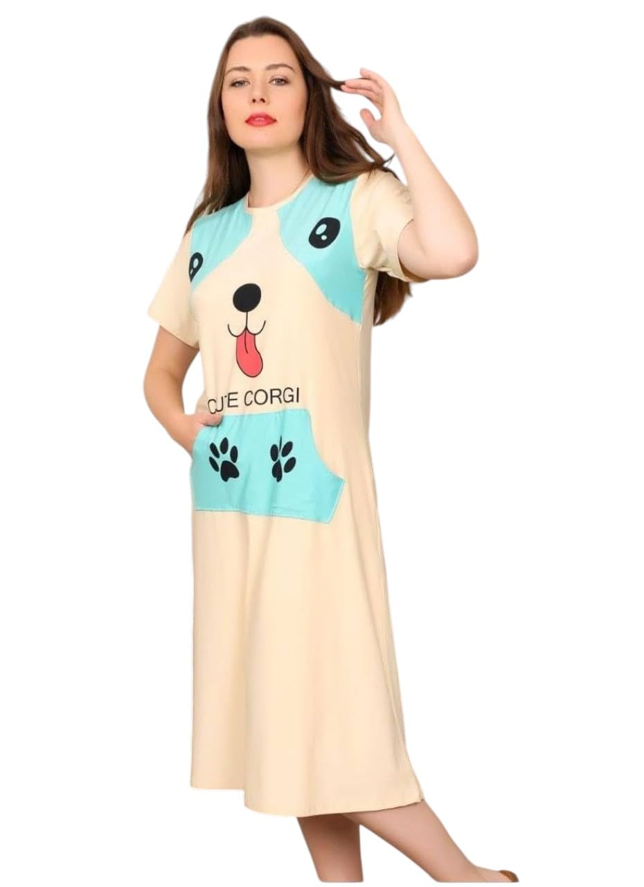 Jalabiya Women Summer Midi Half Sleeve Cartoon Print Cotton Nightgown Comfortable Home/Code 1182