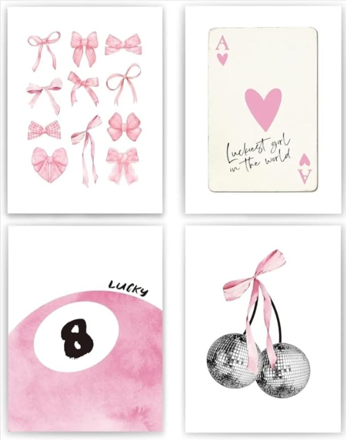 Pink Coquette Trendy Preppy Wall Art Laminated Prints Set of 4, Coquette Room Decor, Preppy Room Decor Aesthetic, Pink Bow Disco 8 Ball Cherry Wall Decor Posters for Girls Bedroom Dorm, 8*10 Unframed