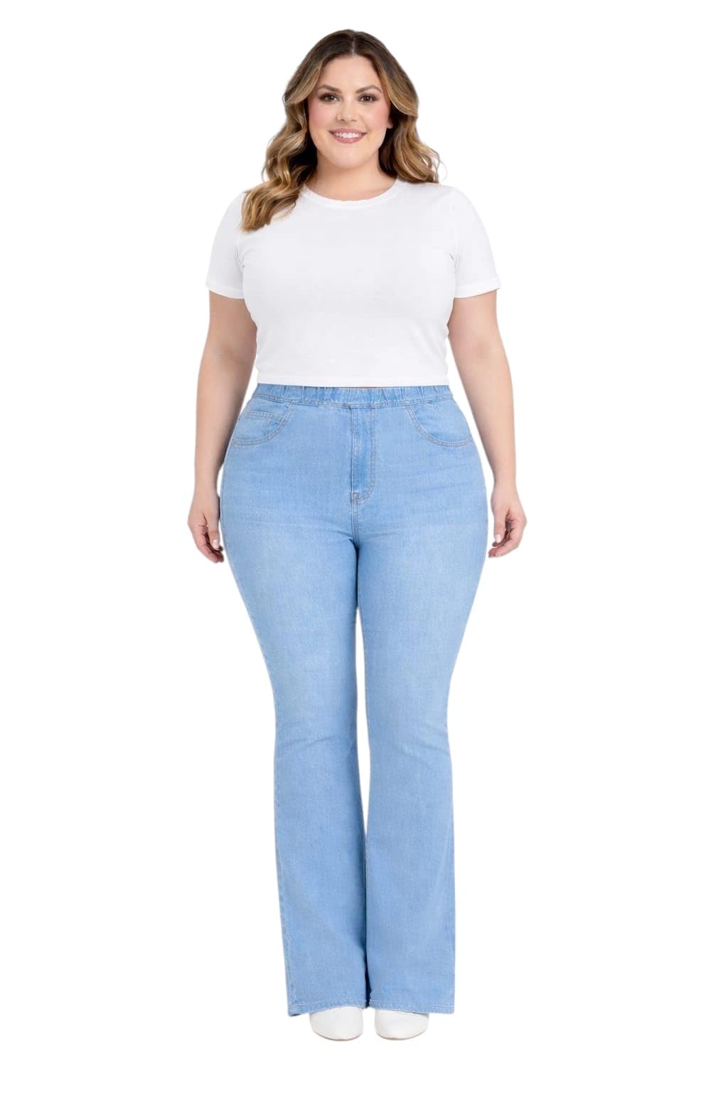 Wide Leg Women's Special Sizes Elastic Waist Blue Denim Loose Fit Cotton Full Length Casual Jeans