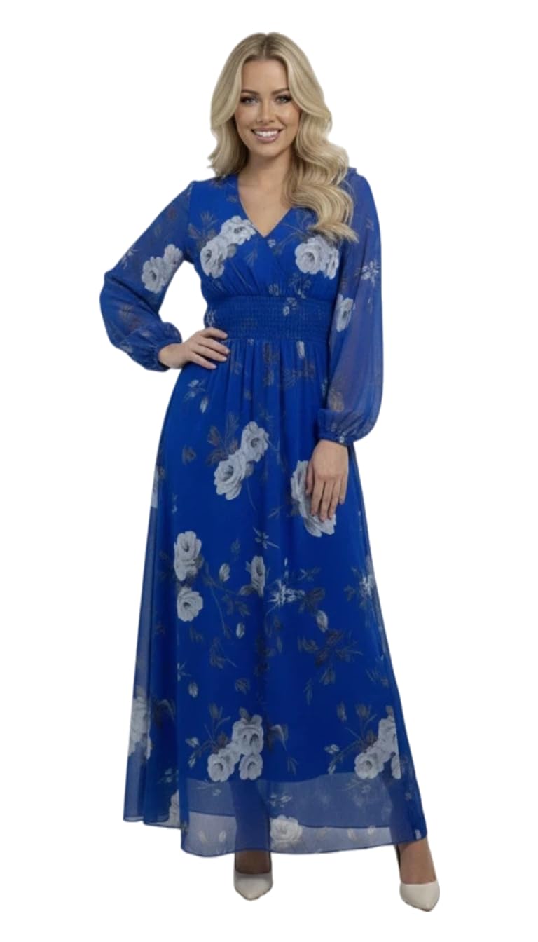 MANIKAN Women's Floral Maxi Dress, Black with Multicolor Print, V-Neck Long Sleeve, Elegant Evening Wear
