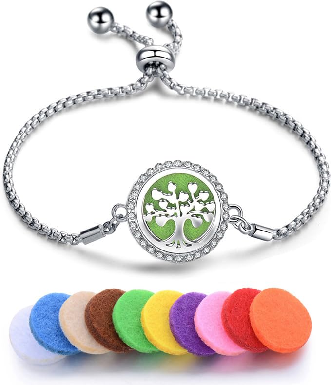 fashion mania Women's Essential Oil Diffuser Bracelet with 10 Refill Pads, Stainless Steel Tree of Life Perforated Aromatherapy Perfume Bracelet, Adjustable Jewellery Gifts (Tree of Life A)