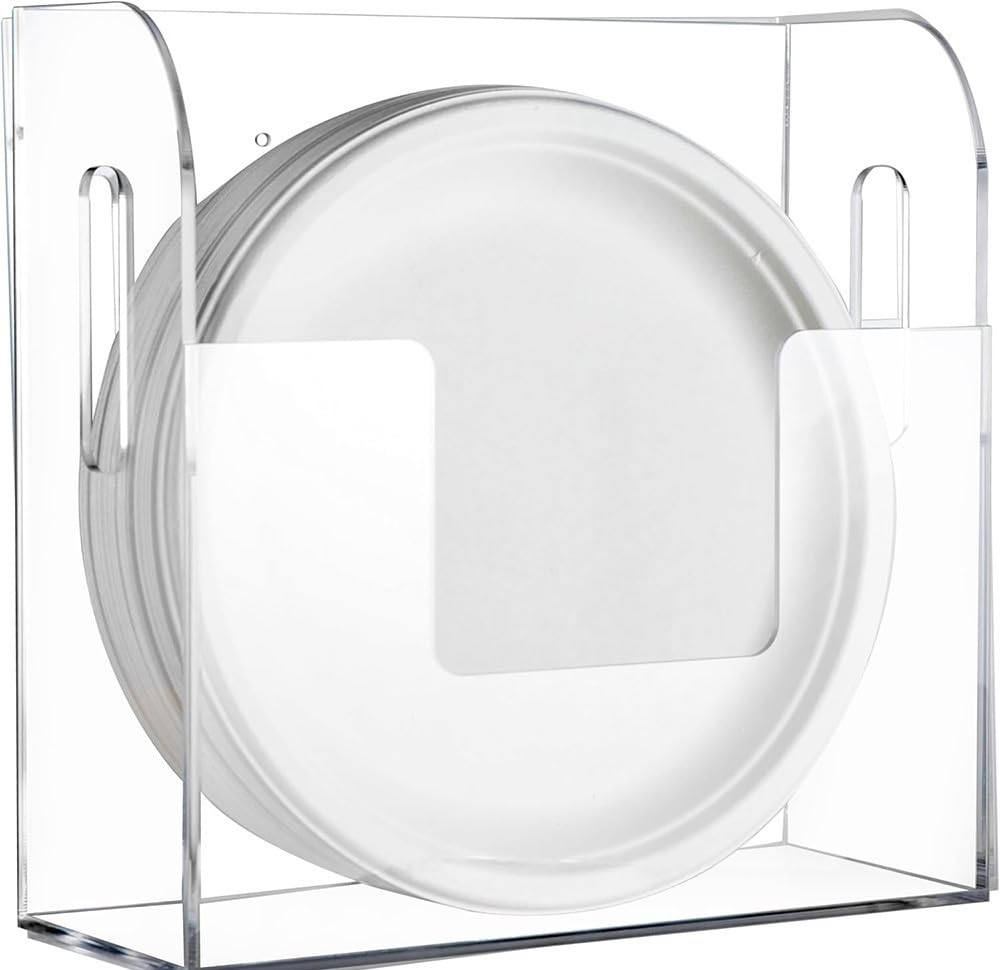 Best Media Acrylic Paper Plate Dispenser Wall Mounted, Paper Plate Organizer in Cabinet, Disposable Plate Storage Holder for Kitchen Countertop, Clear