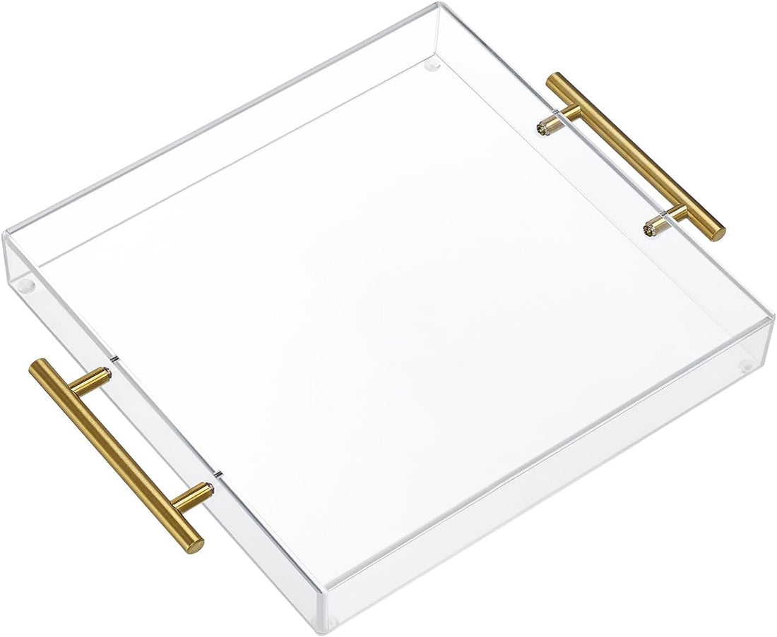 Best Media Clear Acrylic Serving Tray with Golden Handles, Large Capacity Tray for Coffee, Juice, Kitchen, Desk Organizer and Storage Use, 30.48 x 30.48 cm