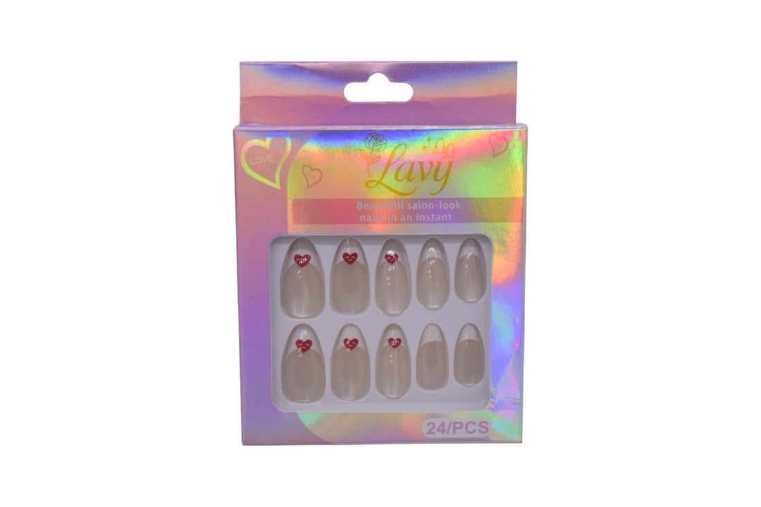 Lavy Almond Shape with French Tip and Heart Accents Press-On Mink Nails 24-Piece Set - Cream