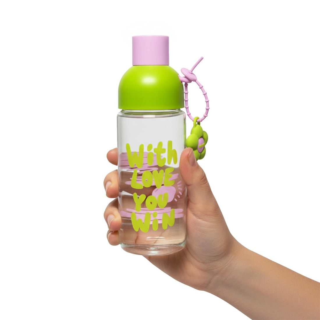 Glass Water Bottle 450ml - Strainer Cup for Herbs, Leak-Proof, BPA-Free, Easy-Grip Lid for Juice, Milk and Tea, Cute Design Cup Ideal for Outdoor & Indoor, GG-2538 (Pink, Green)