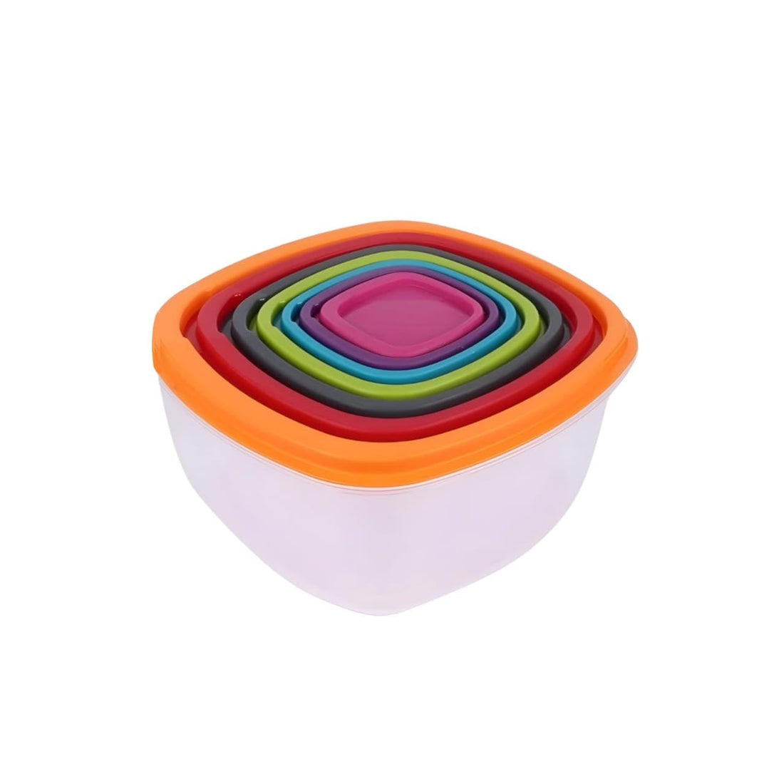 Plastic Food Storage Container Set, 7 Pieces, Colorful Lids, Nestable, Square, Multi Size