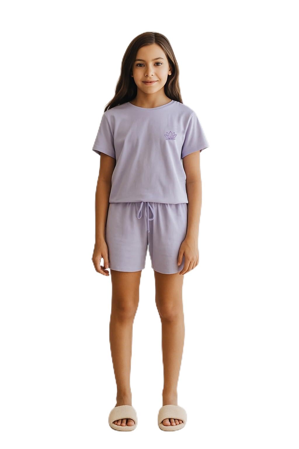 Lavandula Girls' Pajama Set, Cotton, Short Sleeve Top and Drawstring Shorts, Soft and Comfortable Sleepwear