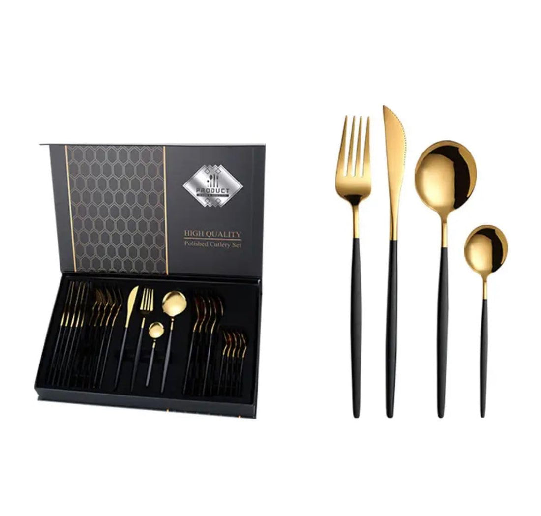 24-Piece Stainless Steel Flatware Set, Steak Knife Dessert Fork Luxury Coffee Spoon for Kitchen Dishwasher Safe Cutlery Set (Black)