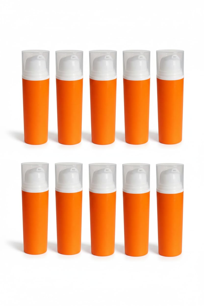 Empty Airless Pump Bottles (50 ML) – Refillable Orange Cosmetic Containers with Clear Cap (10 PCS)