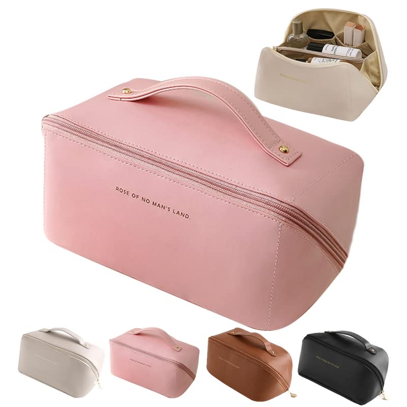 Large Capacity Makeup Bag, Travel Cosmetic Bag Multifunctional Waterproof Makeup Bag for Easy Access, PU Leather Toiletry Bag Travel Makeup Organizer with Handle and Divider for Women Girls, Pink