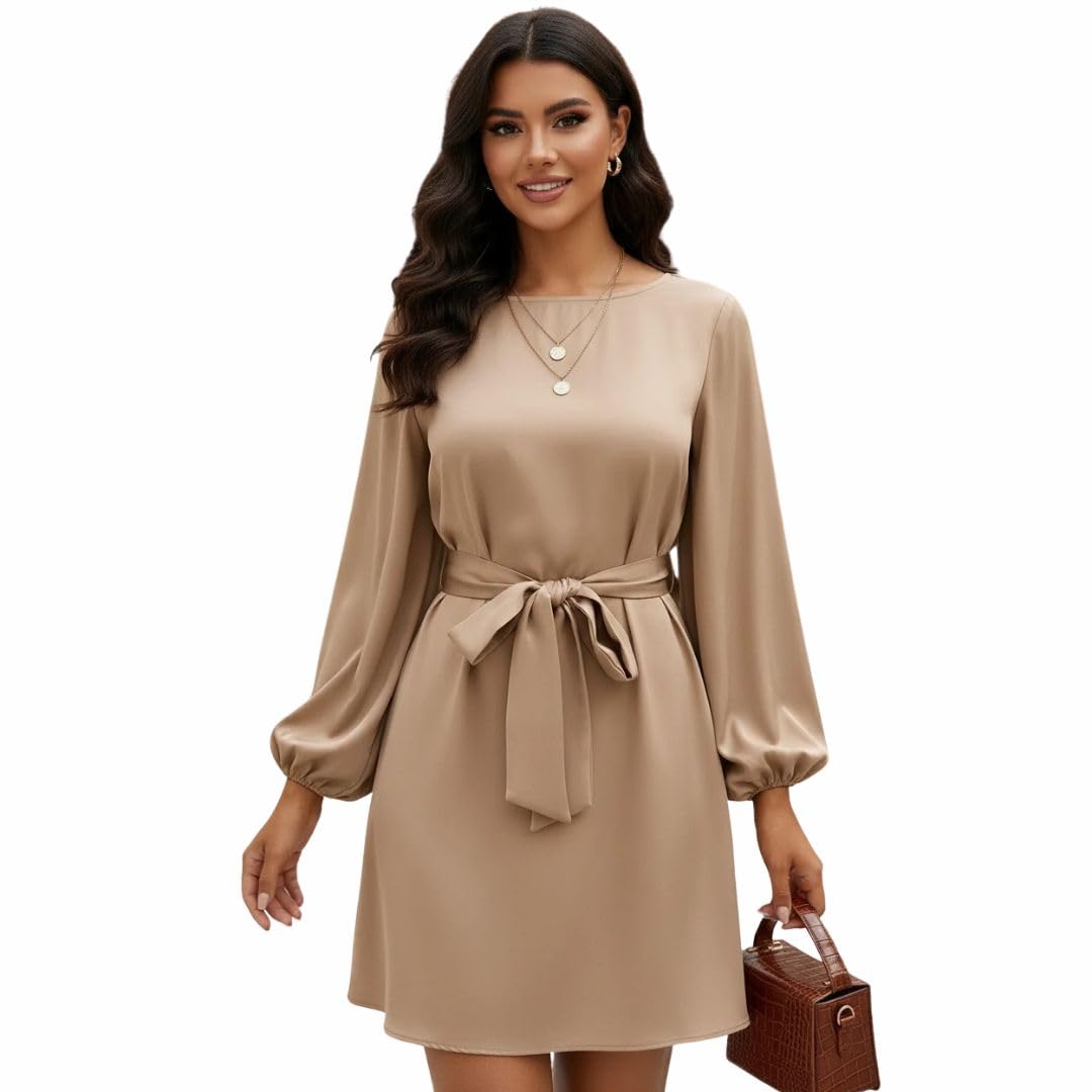 Escuba Women's Puff Sleeve Mini Dress with Waist Belt, Beige