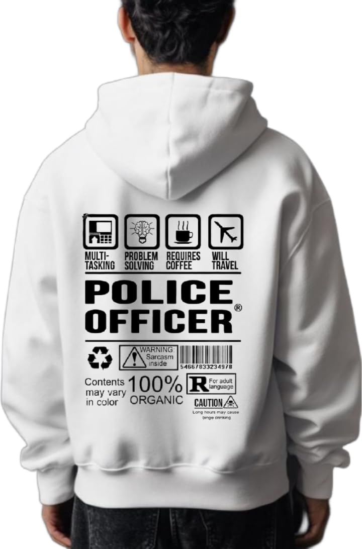 oversize Youth hoodie white back art over size TEXT job work 39 police officer